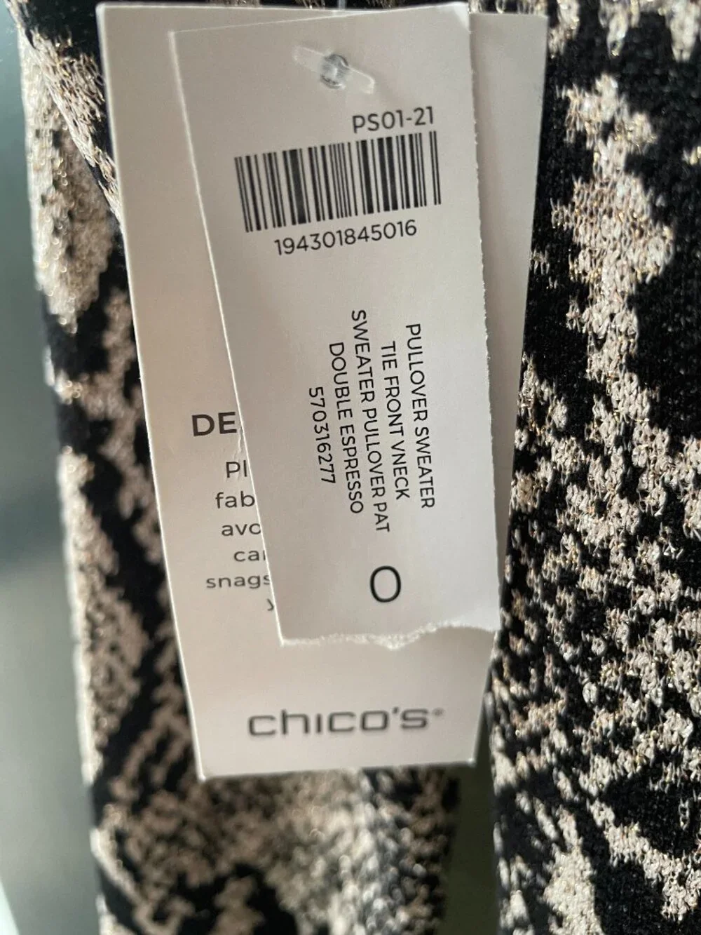 Chico’s Python Print Tie Neck Double Espresso Sweater-NWT